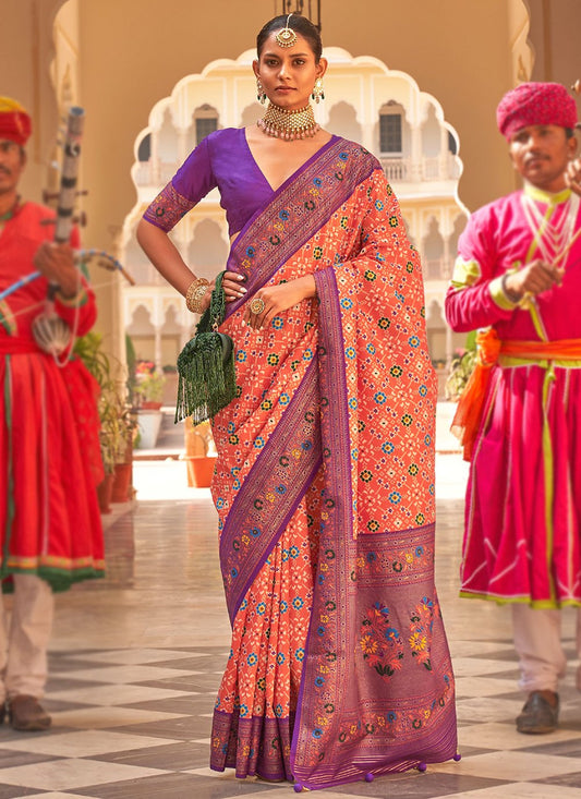 Contemporary Silk Peach Purple Patch Border Saree