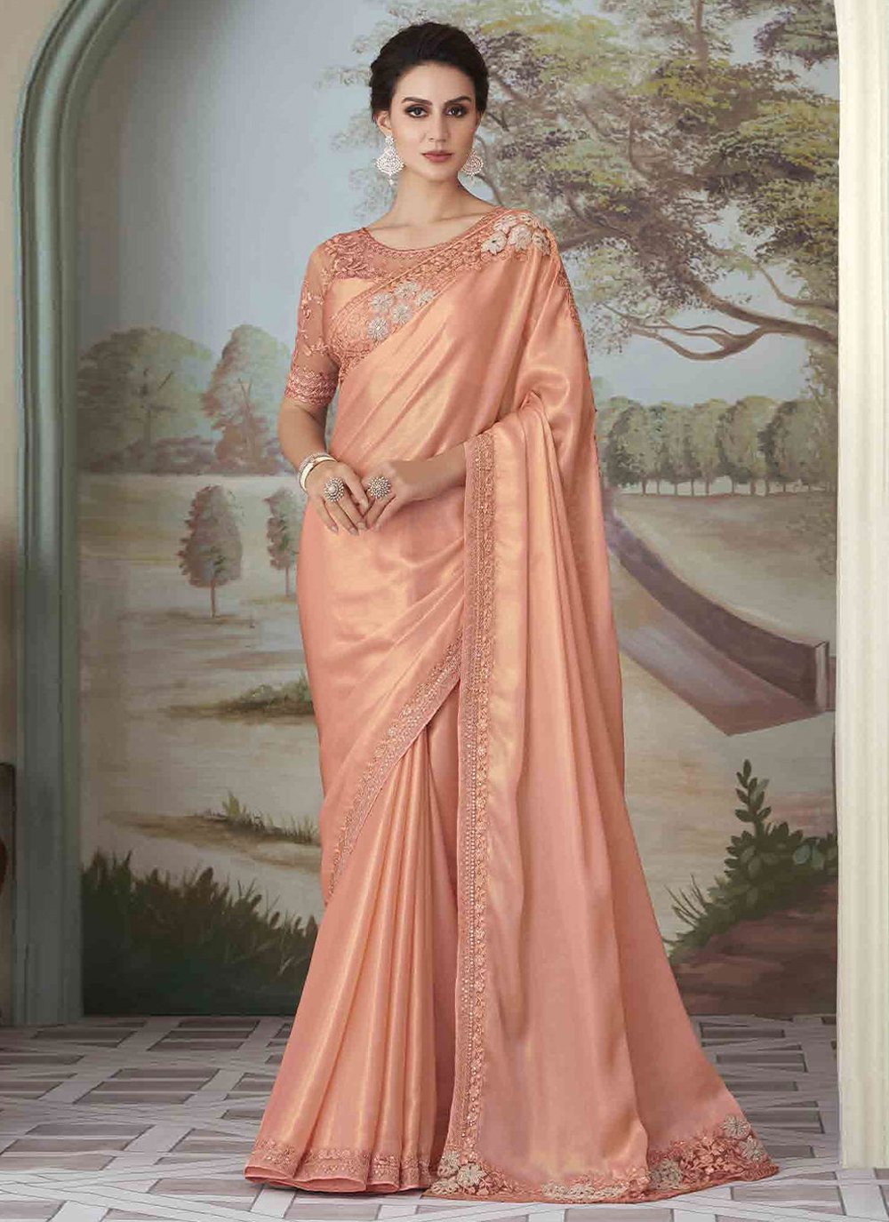 Trendy Saree Silk Peach Embroidered Saree