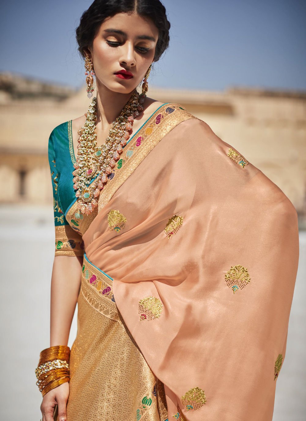 Classic Silk Peach Embroidered Saree