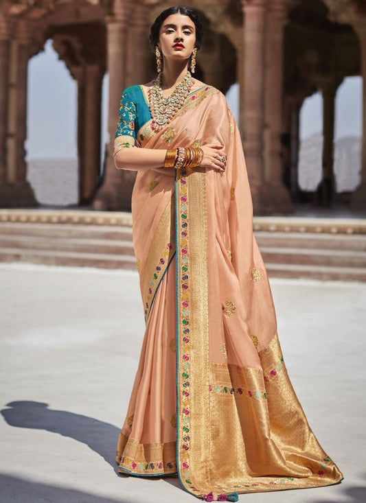 Classic Silk Peach Embroidered Saree