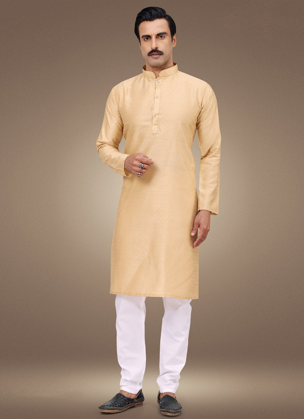 Kurta Pyjama Silk Peach Fancy Work Mens