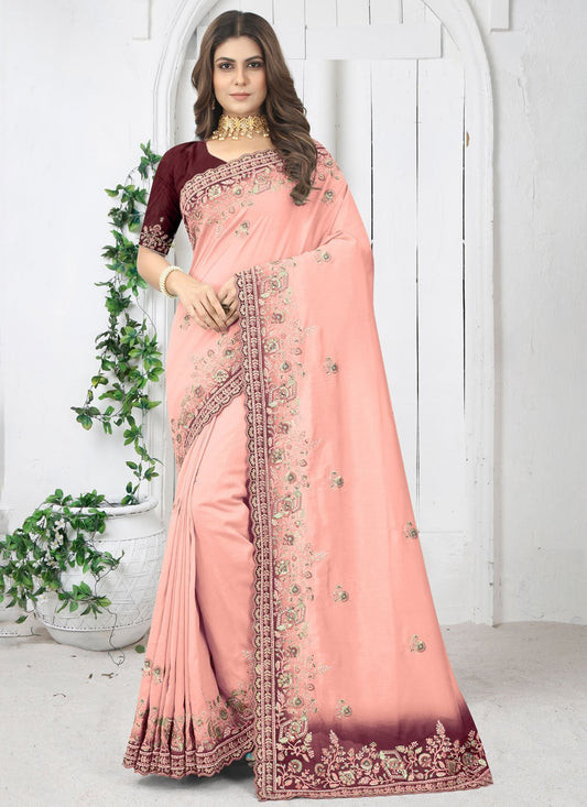 Classic Silk Peach Diamond Saree