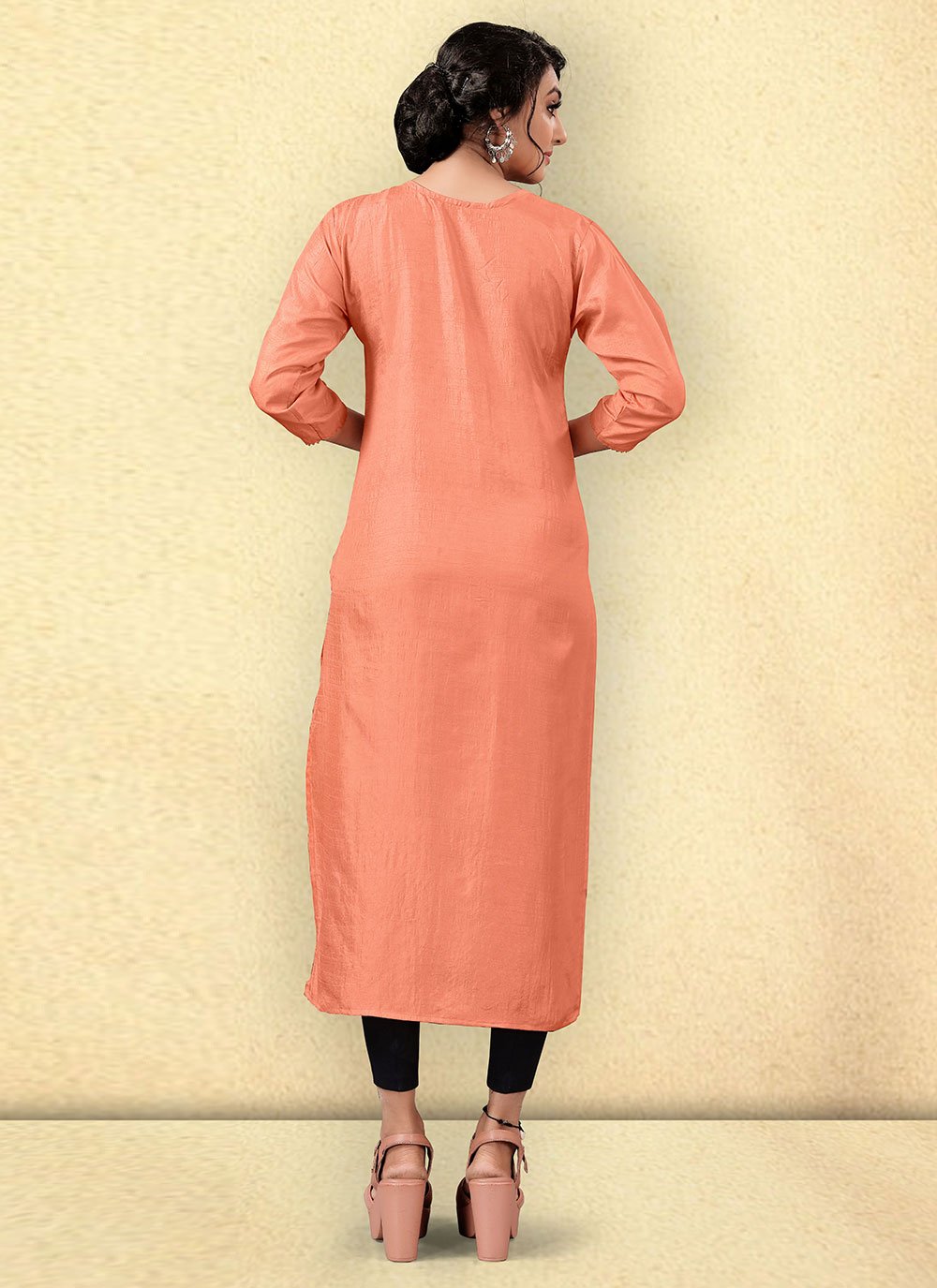 Party Wear Kurti Silk Peach Woven Kurtis