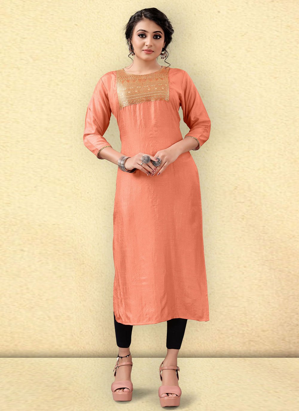 Party Wear Kurti Silk Peach Woven Kurtis