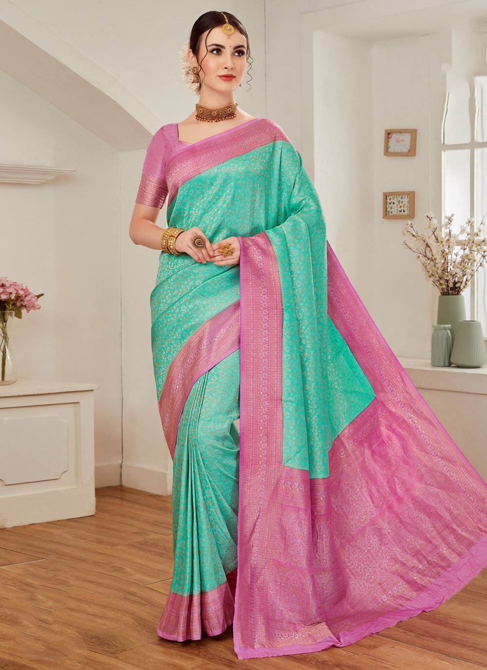 Trendy Saree Silk Pink Turquoise Weaving Saree