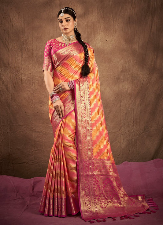 Traditional Saree Silk Pink Yellow Weaving Saree