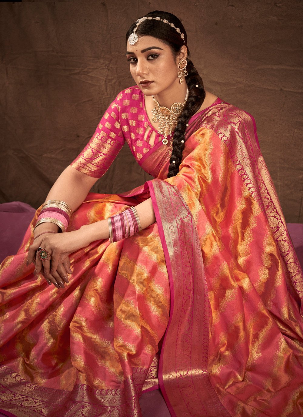 Traditional Saree Silk Pink Yellow Weaving Saree