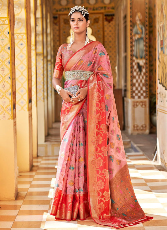 Contemporary Silk Tissue Pink Weaving Saree