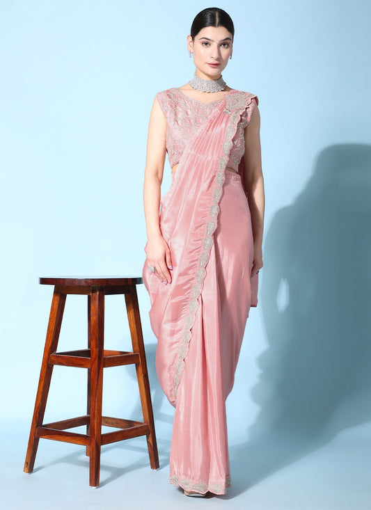 Designer Silk Pink Embroidered Saree