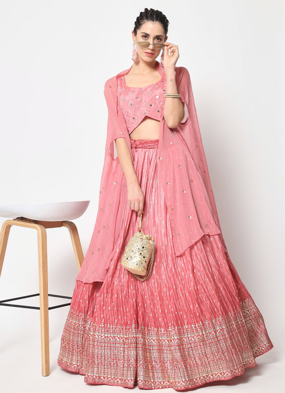 Lehenga Choli Chinon Silk Pink Embroidered Lehenga Choli