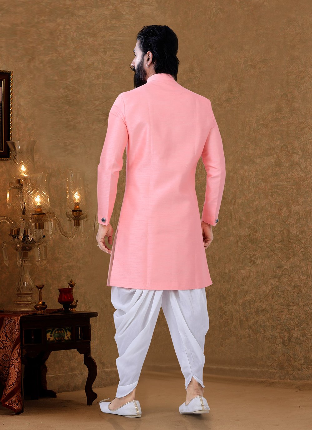 Dhoti Kurta Silk Pink Fancy Work Mens