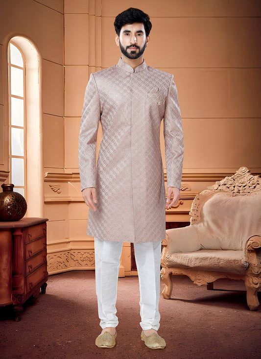 Indo Western Sherwani Silk Pink Embroidered Mens