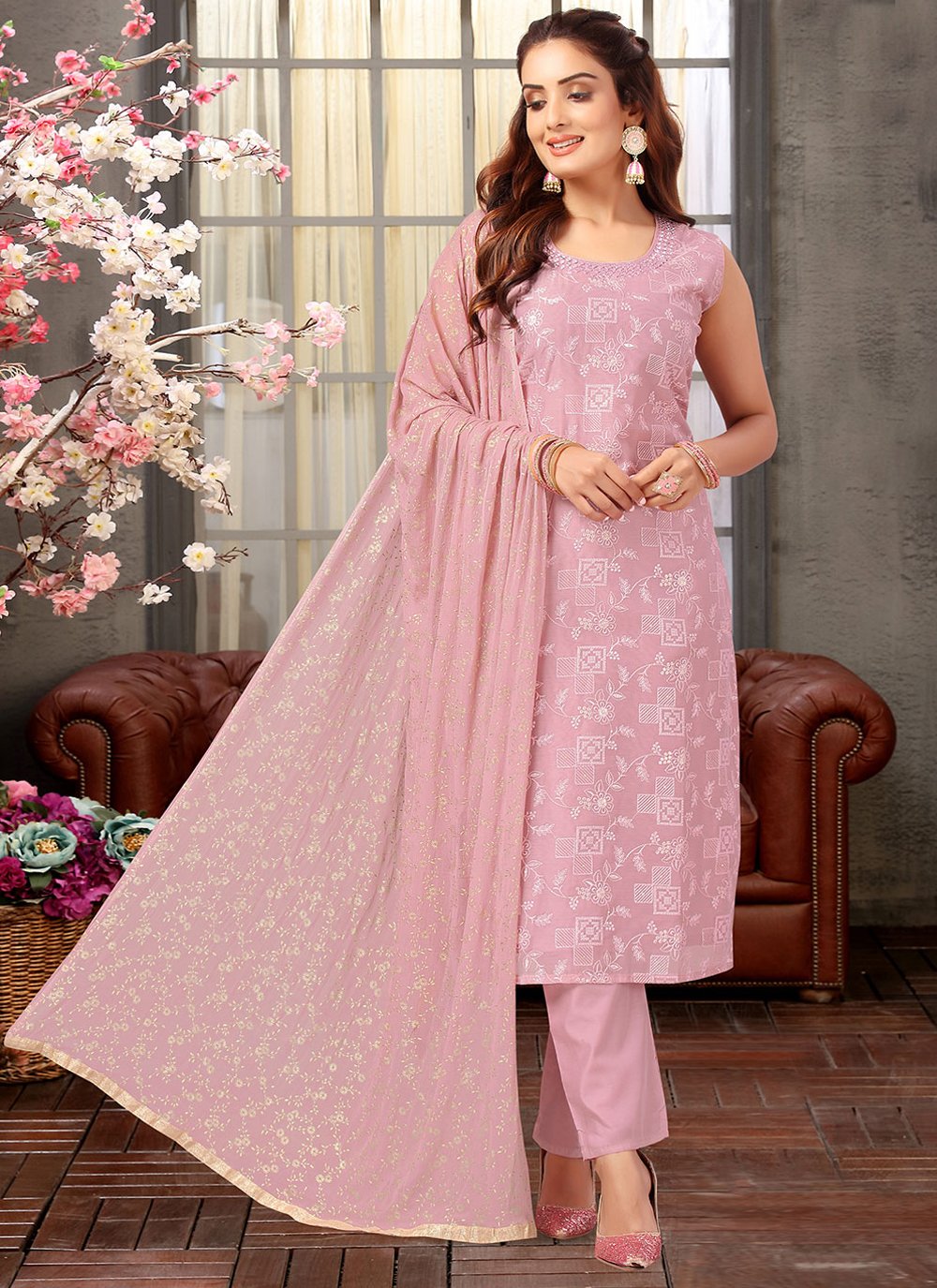 Salwar Suit Silk Pink Embroidered Salwar Kameez