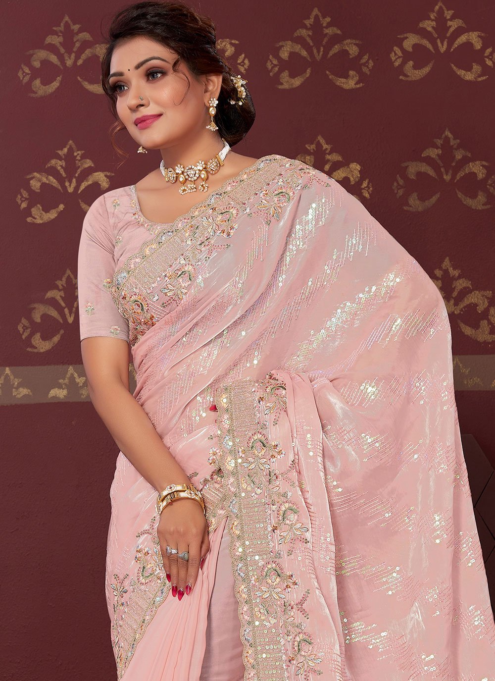 Classic Organza Silk Pink Embroidered Saree