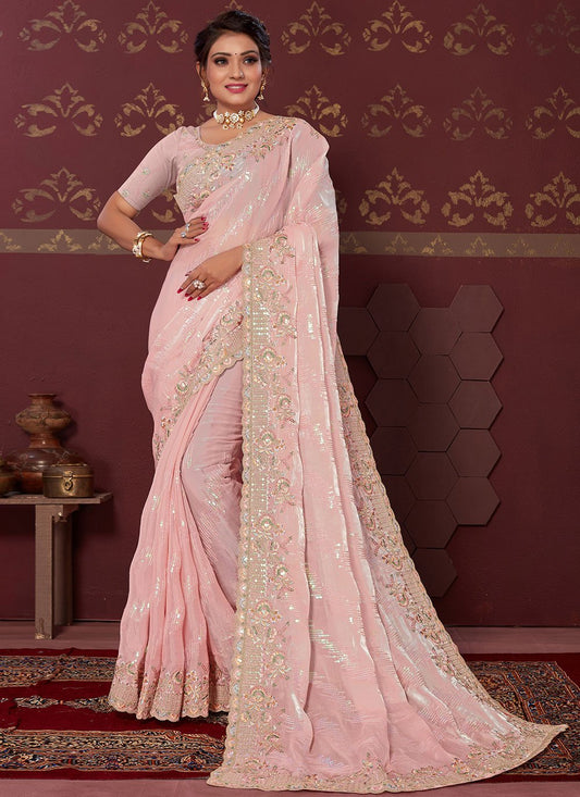 Classic Organza Silk Pink Embroidered Saree