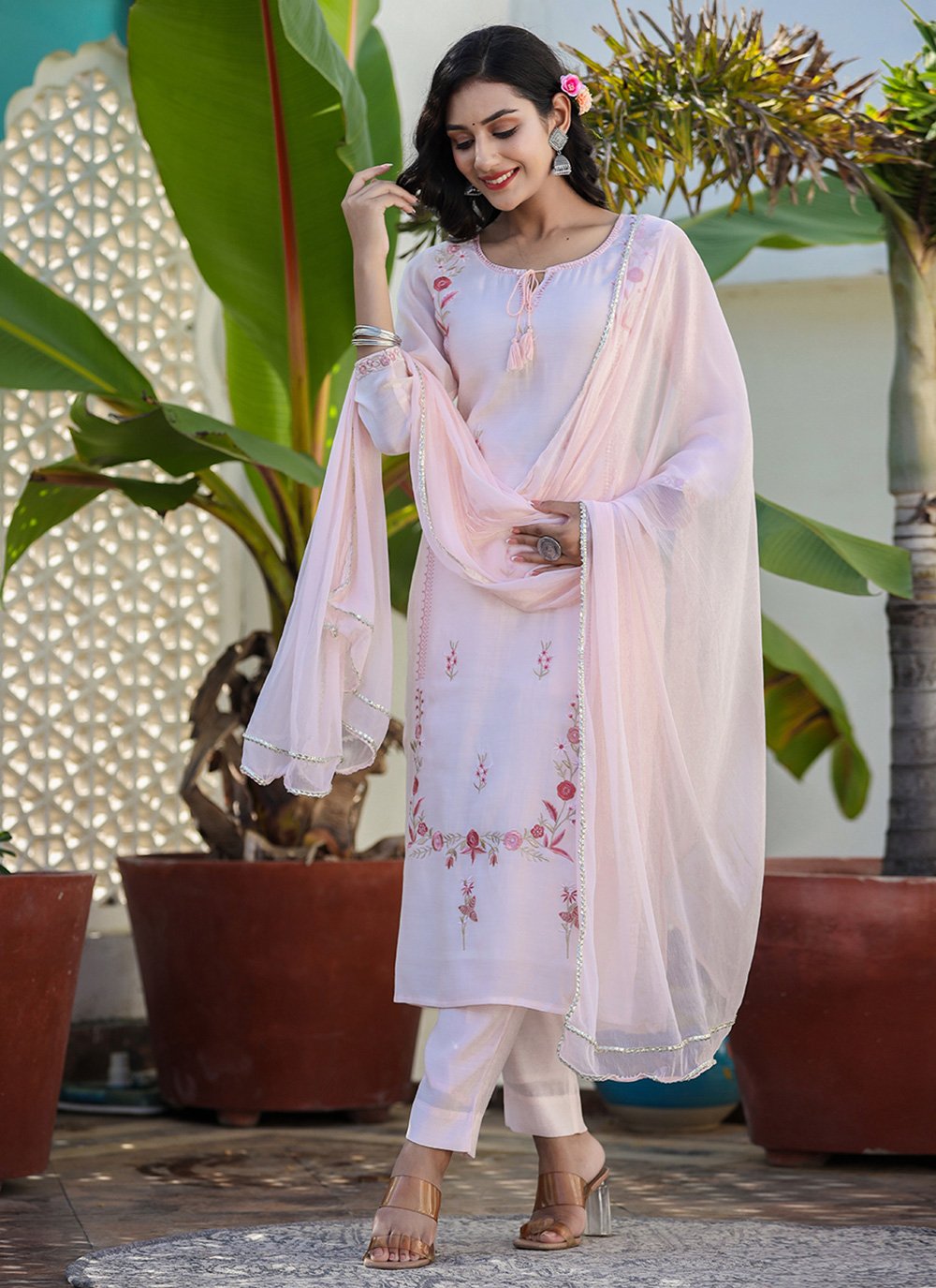 Straight Salwar Suit Silk Pink Aari Work Salwar Kameez