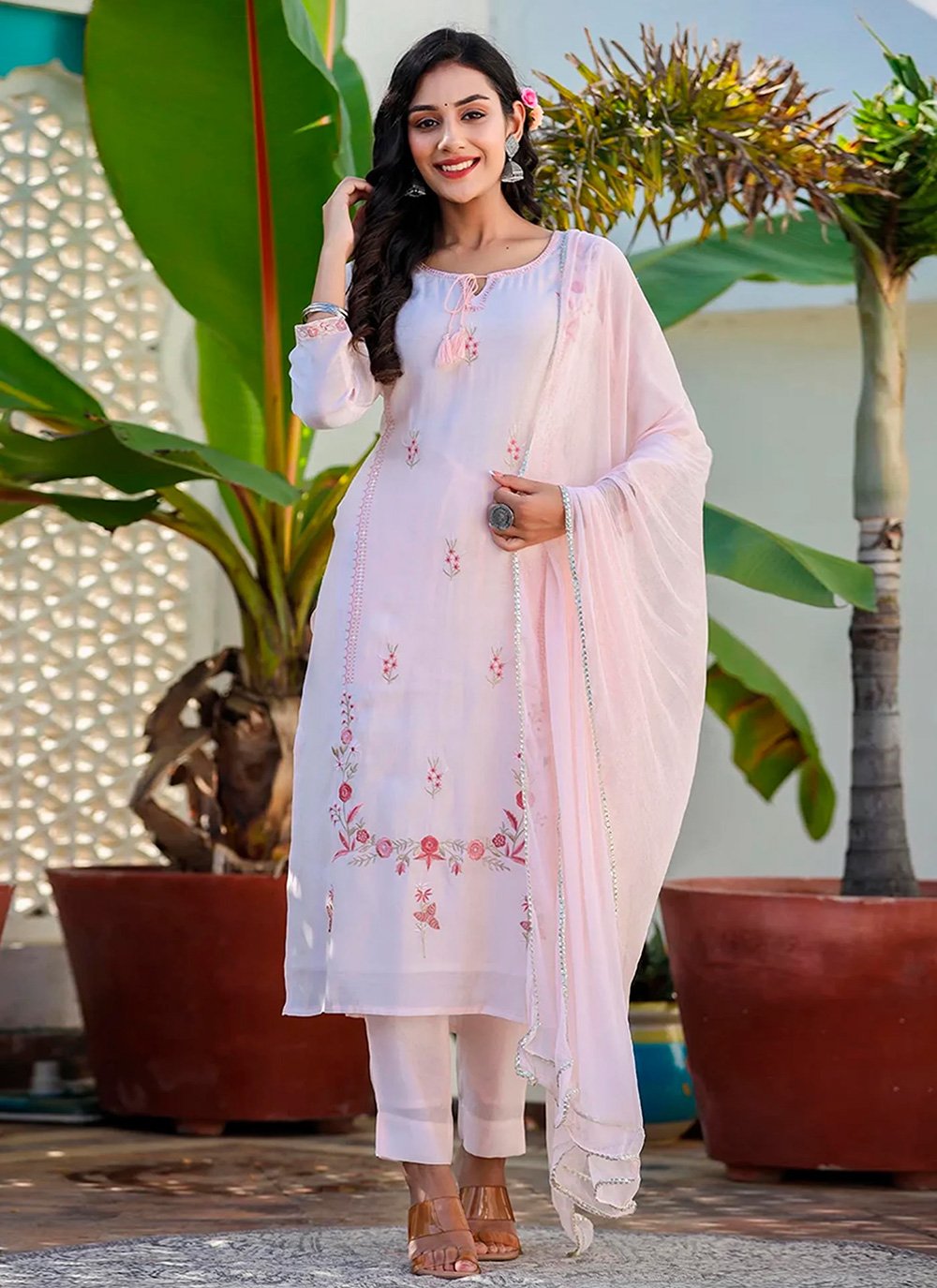 Straight Salwar Suit Silk Pink Aari Work Salwar Kameez