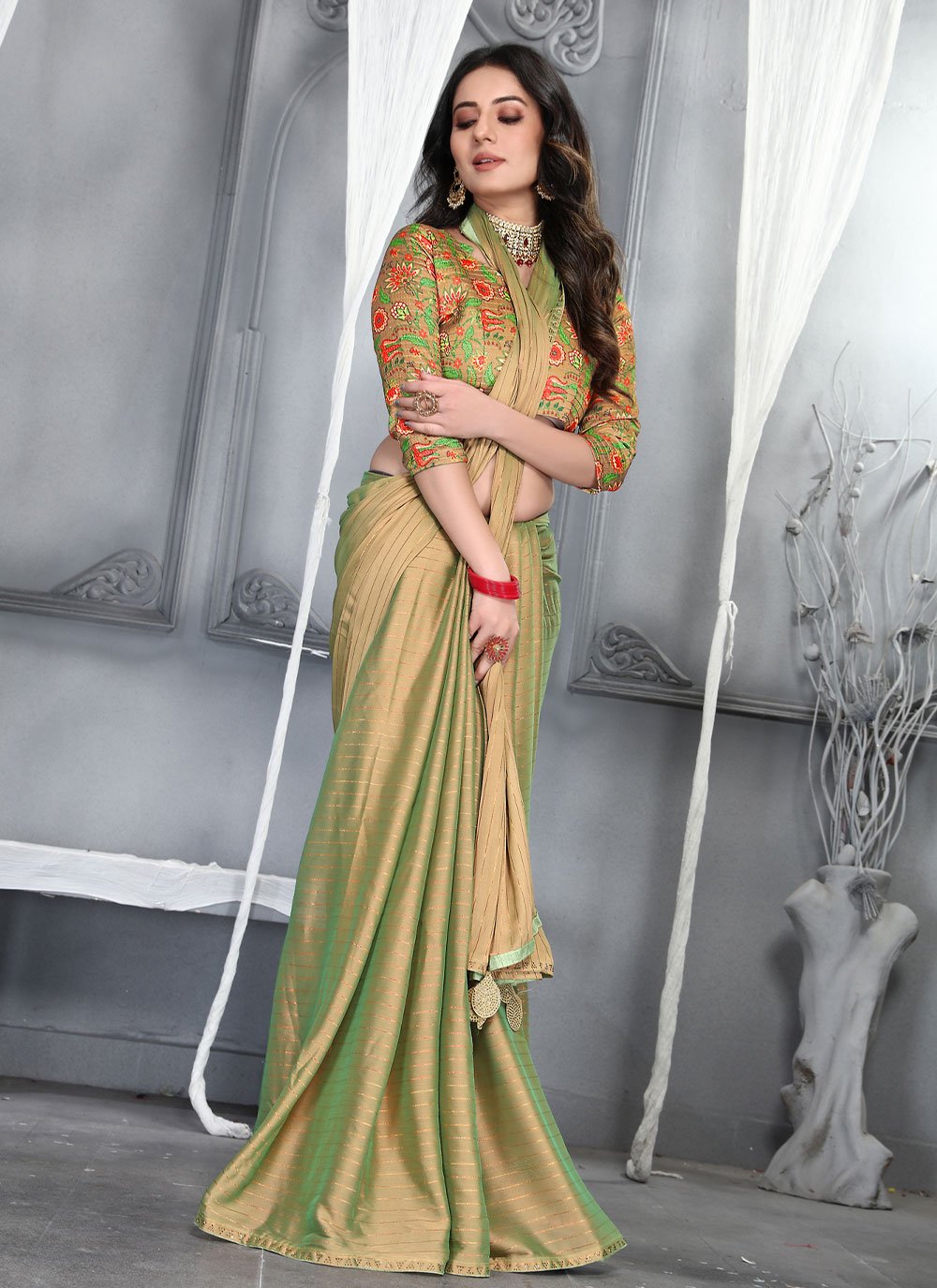 Designer Silk Green Plain Saree