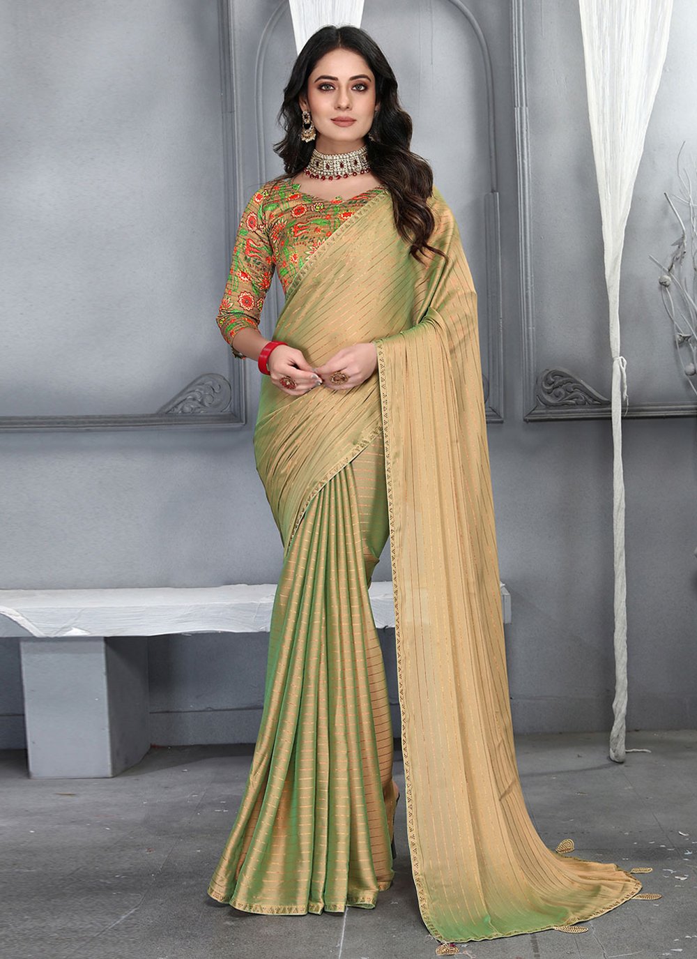 Designer Silk Green Plain Saree