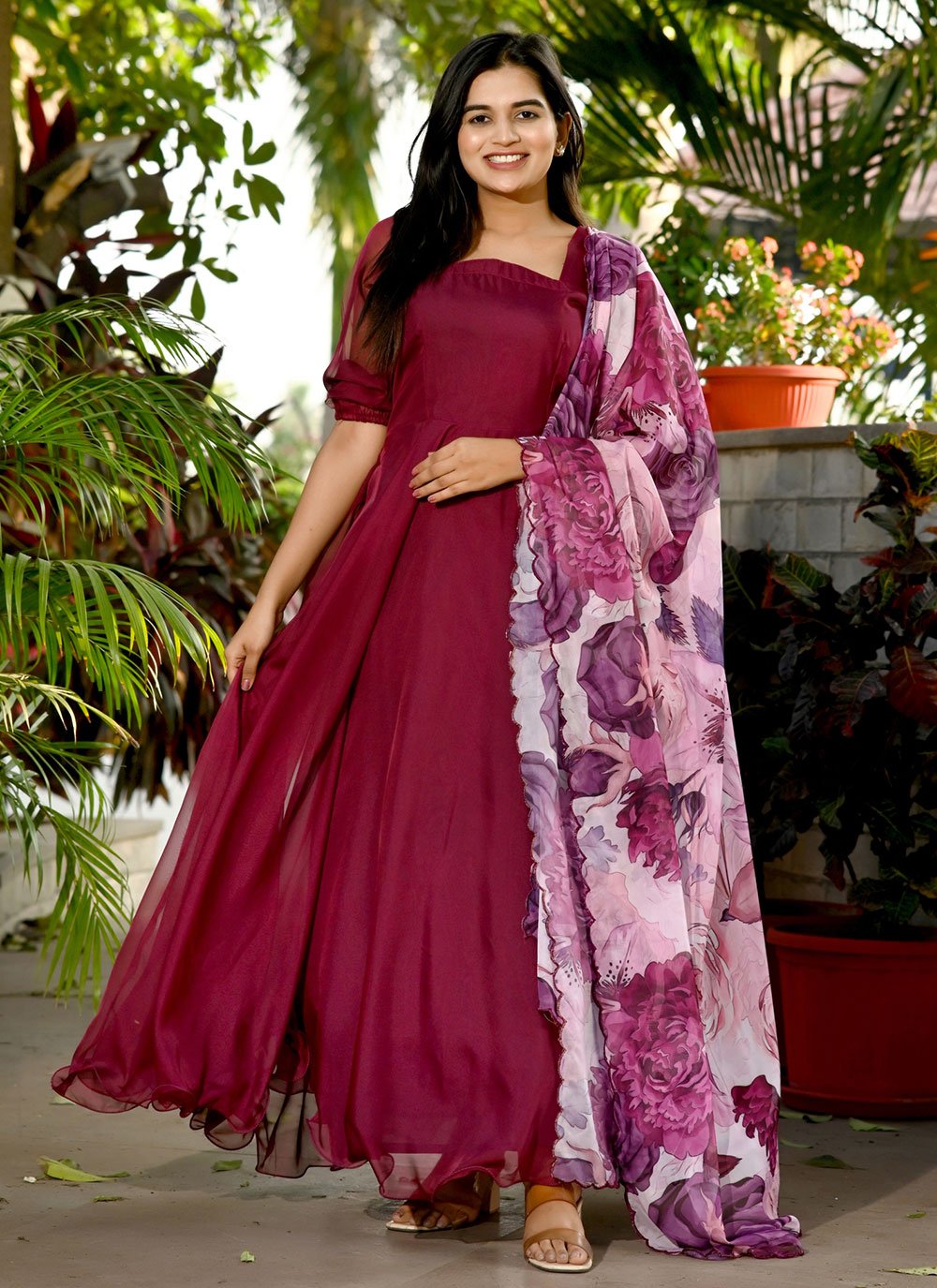 Gown Silk Wine Plain Gown