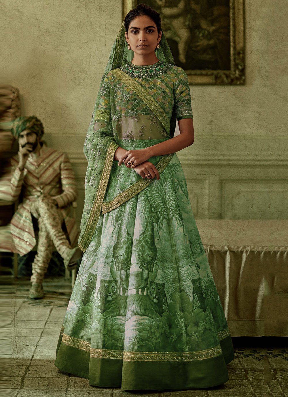 A Line Lehenga Silk Green Embroidered Lehenga Choli