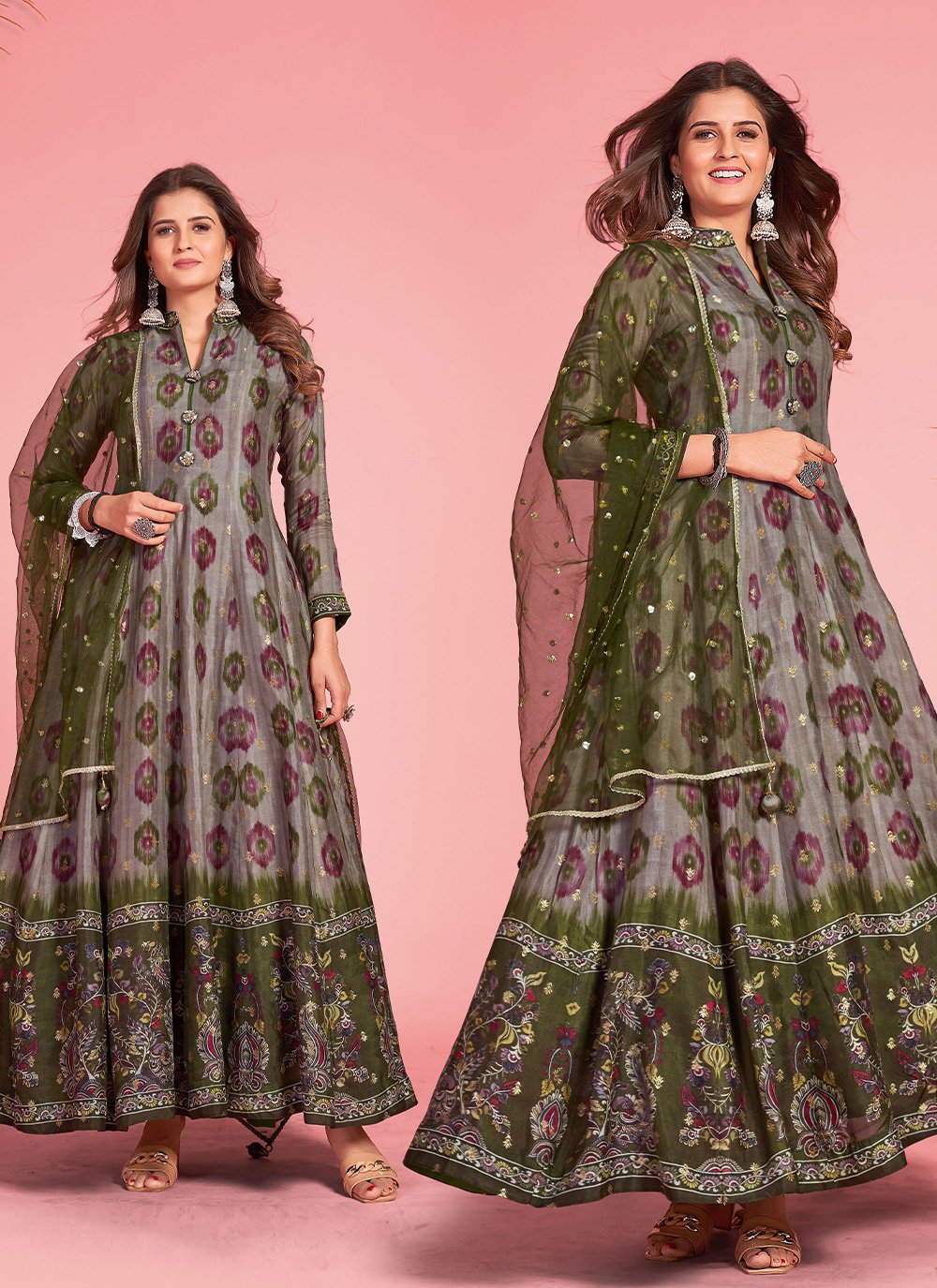 Gown Pure Dola Silk Green Grey Print Gown