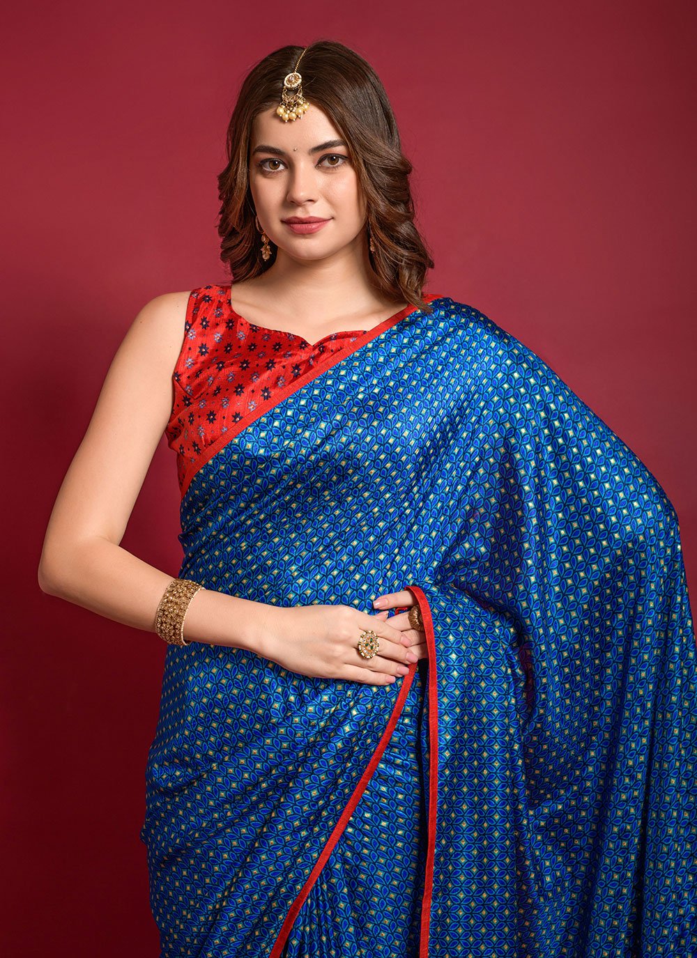 Contemporary Silk Blue Foil Print Saree