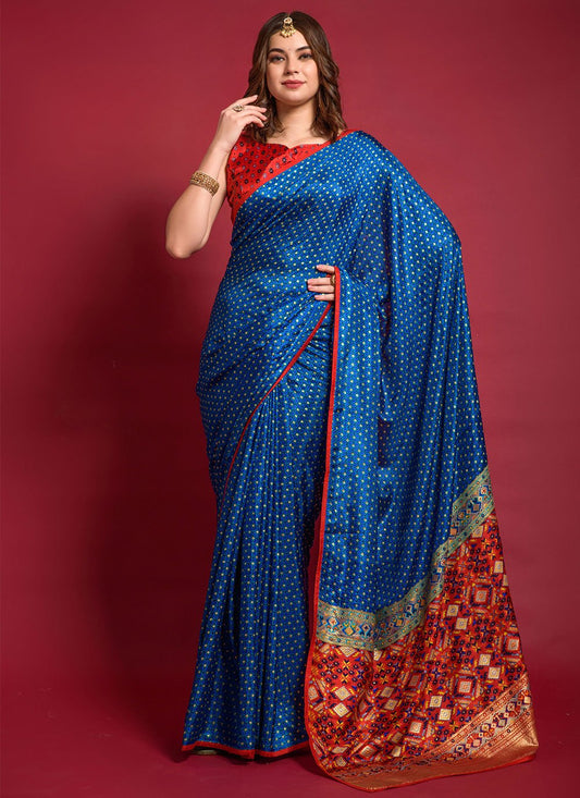 Contemporary Silk Blue Foil Print Saree