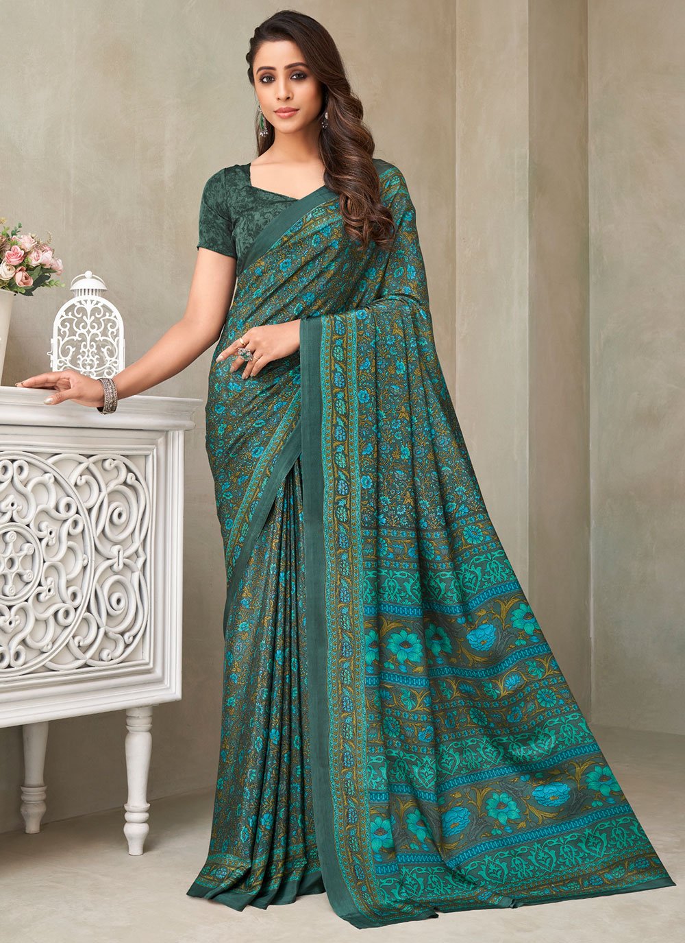 Trendy Saree Faux Crepe Silk Green Print Saree