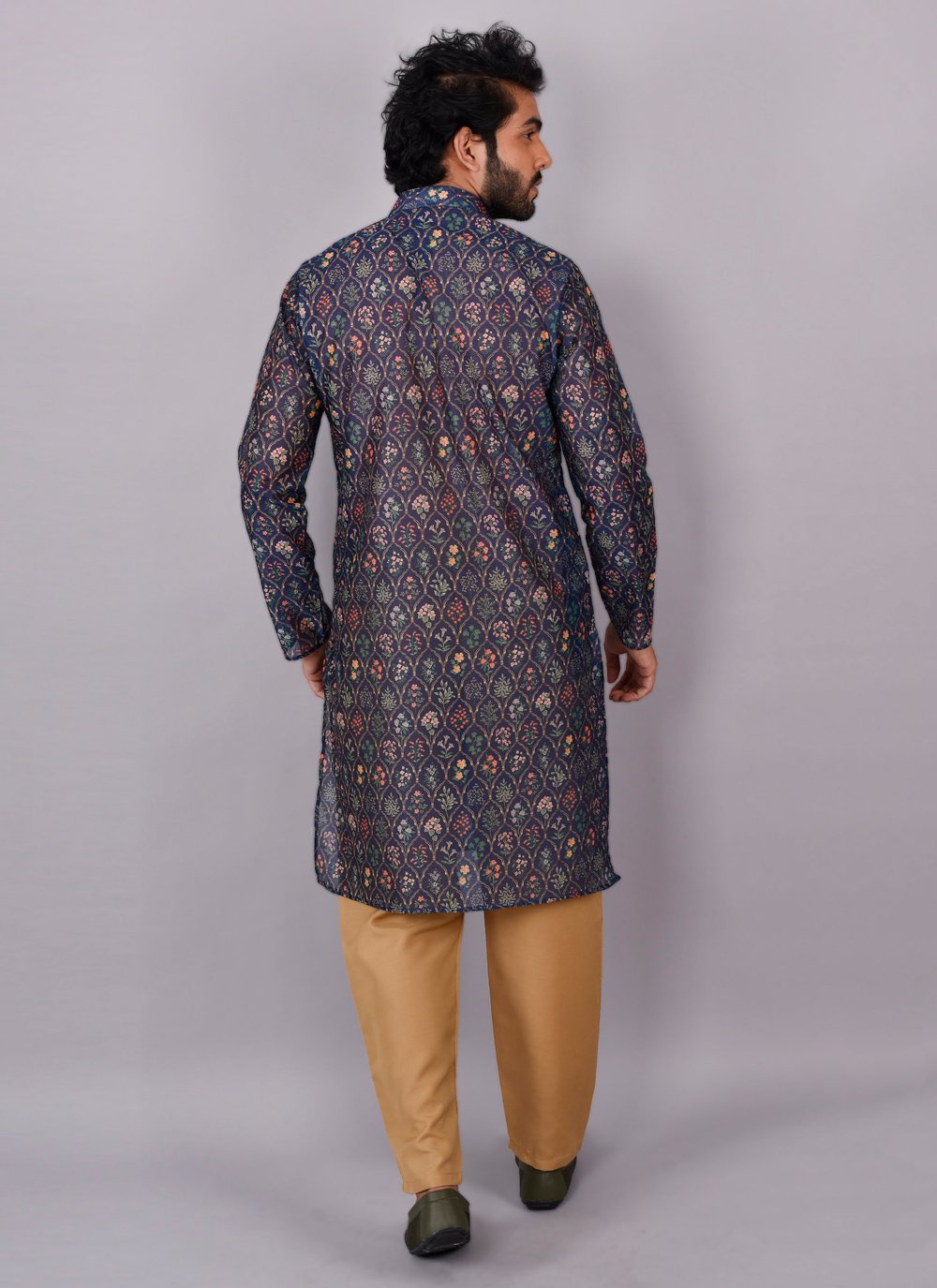 Kurta Pyjama Silk Blue Print Mens