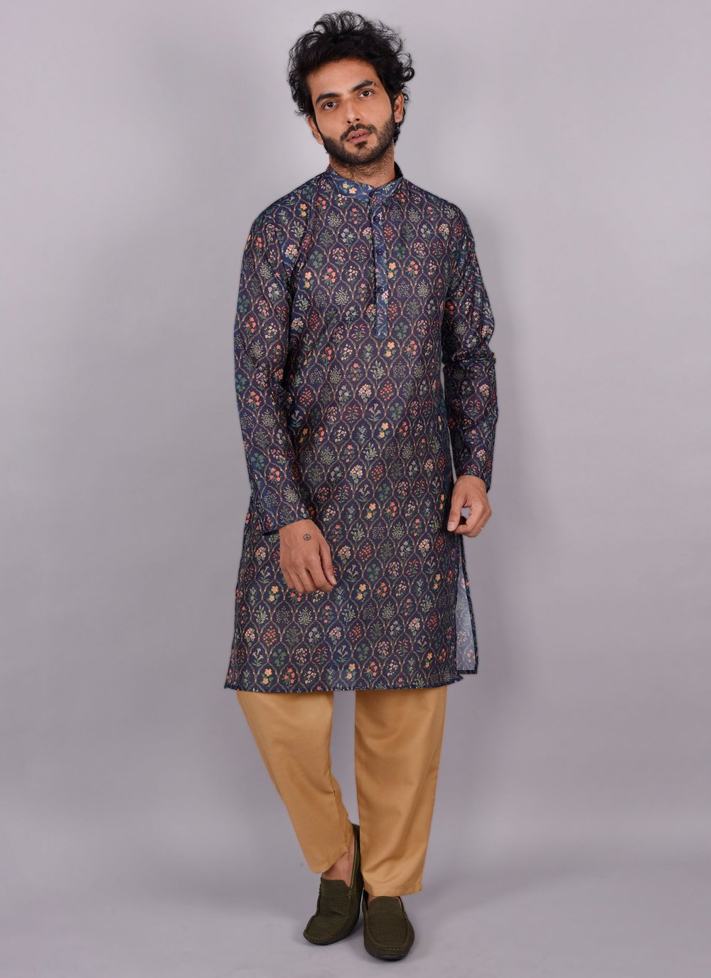 Kurta Pyjama Silk Blue Print Mens