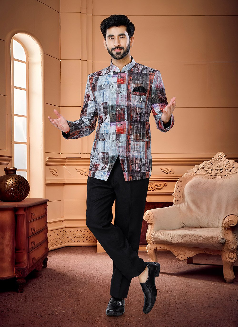 Jodhpuri Suit Silk Multi Colour Print Mens