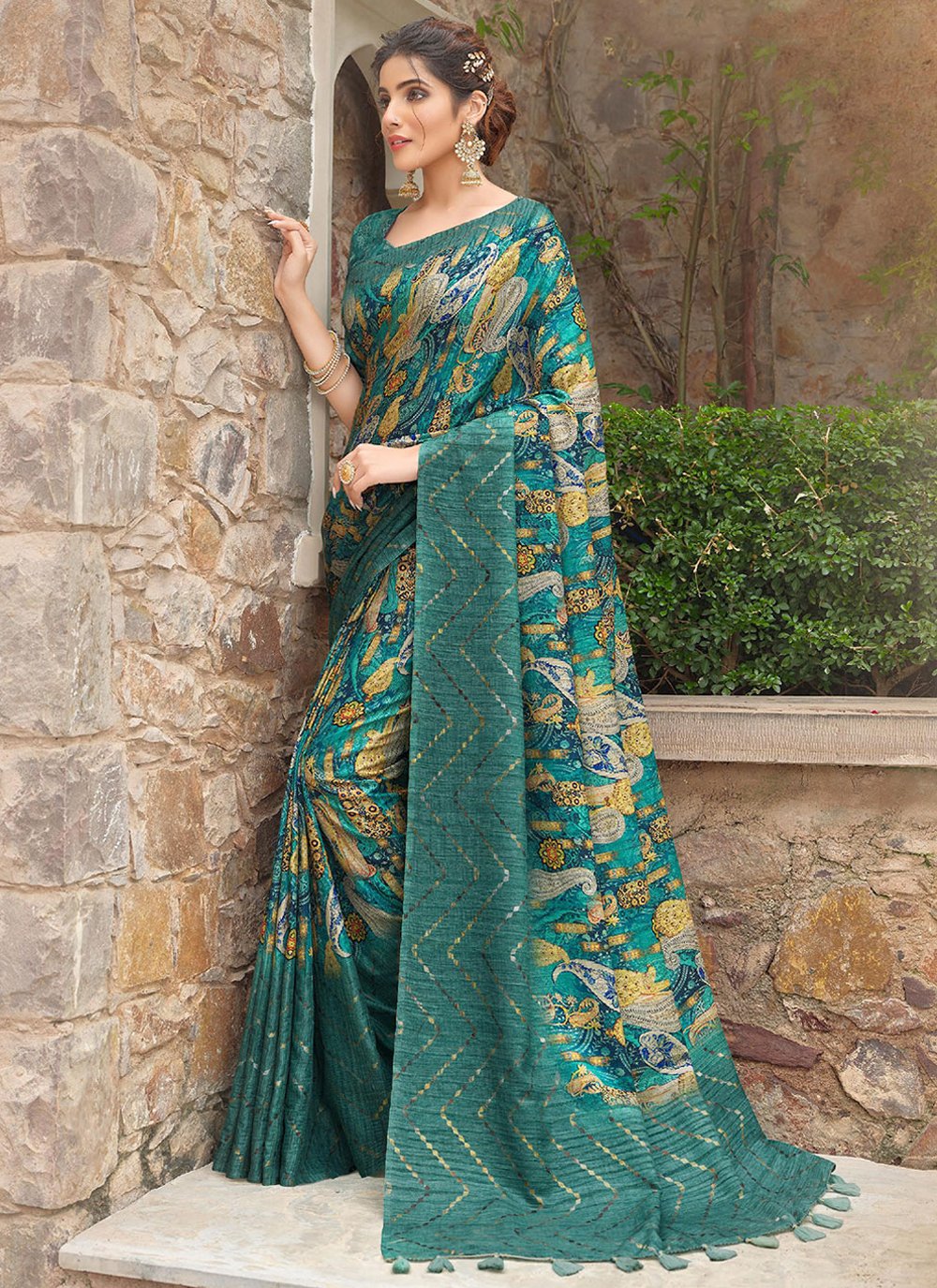 Contemporary Silk Teal Print Saree