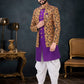 Indo Western Sherwani Silk Purple Yellow Thread Mens