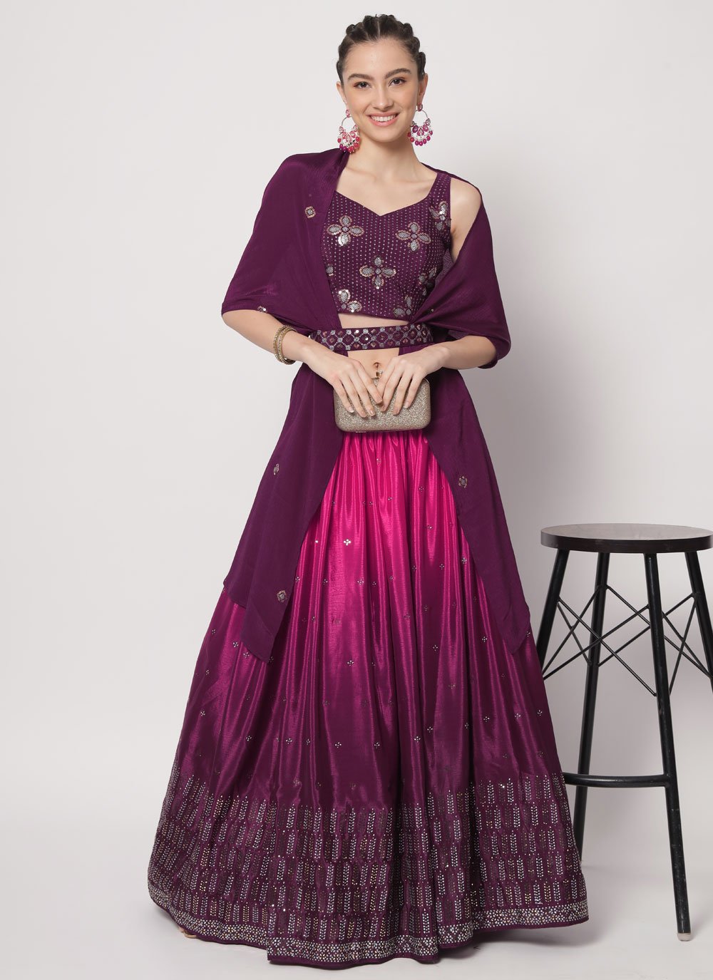 Lehenga Choli Chinon Silk Purple Mukesh Work Lehenga Choli