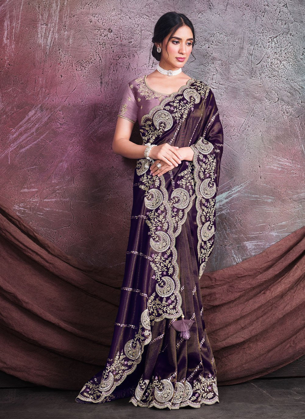 Trendy Saree Georgette Shimmer Silk Purple Cord Work Saree