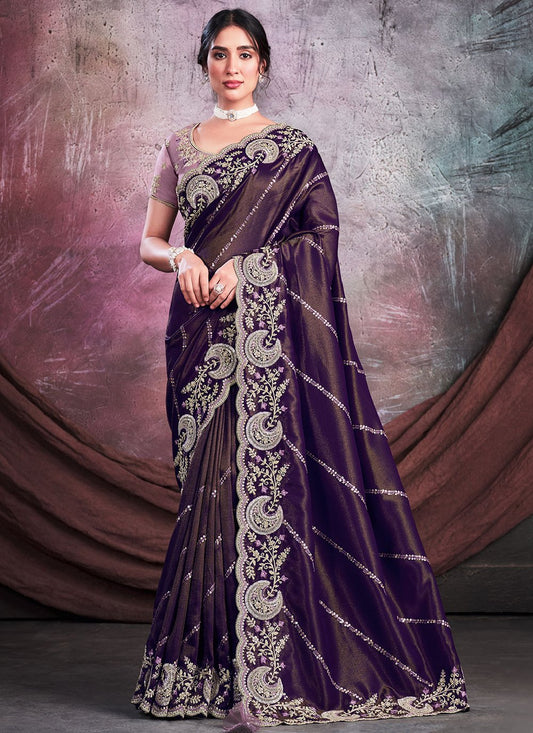 Trendy Saree Georgette Shimmer Silk Purple Cord Work Saree