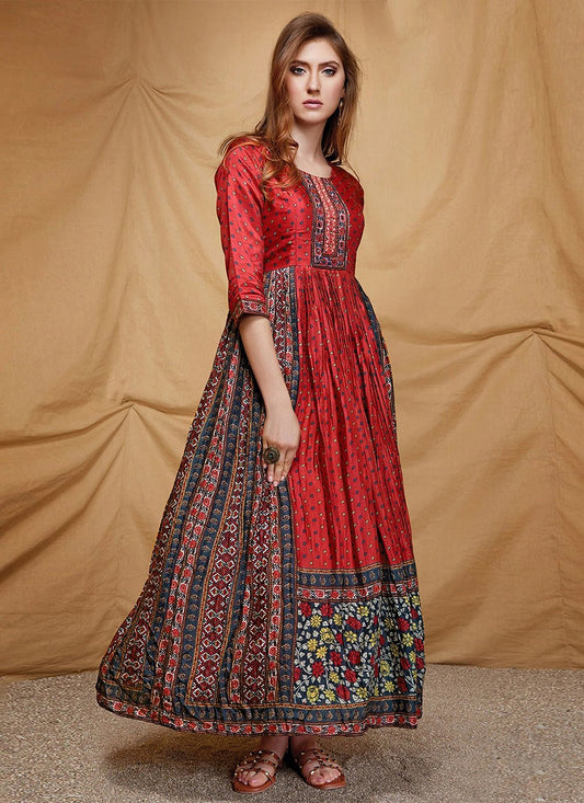 Gown Silk Red Digital Print Gown