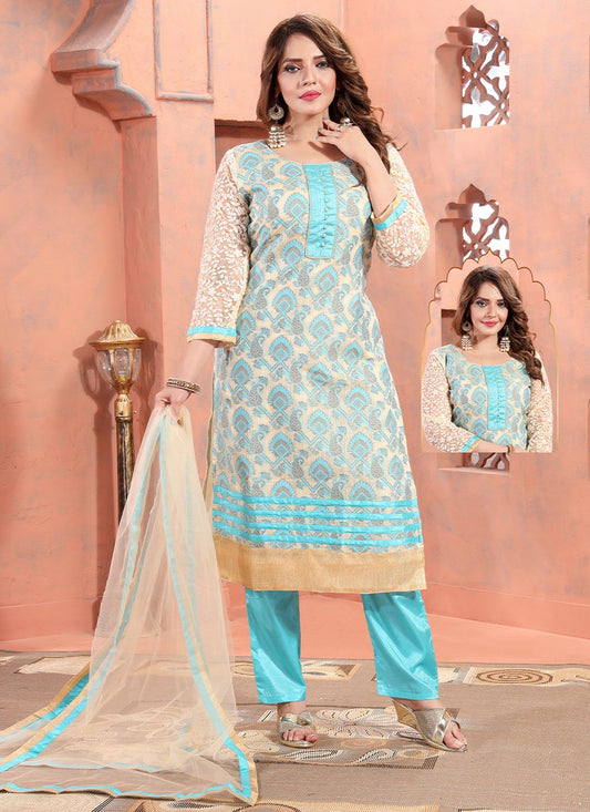 Salwar Suit Brocade Silk Aqua Blue Buttons Salwar Kameez