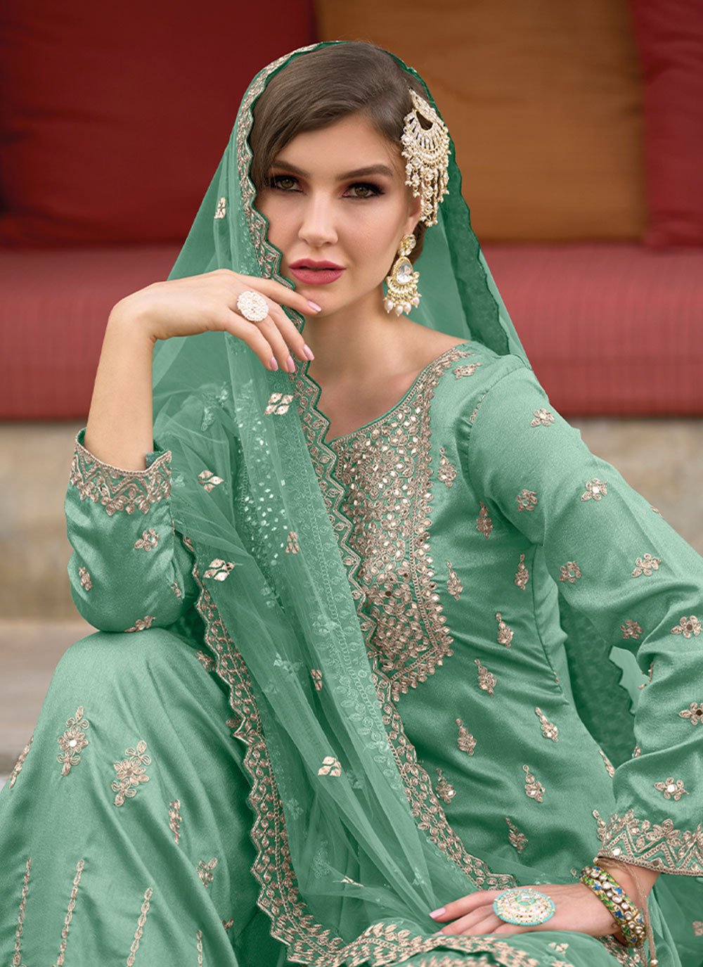 Salwar Suit Silk Turquoise Embroidered Salwar Kameez