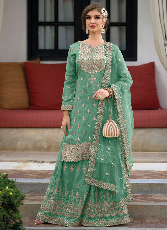 Salwar Suit Silk Turquoise Embroidered Salwar Kameez