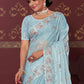 Classic Satin Silk Aqua Blue Embroidered Saree