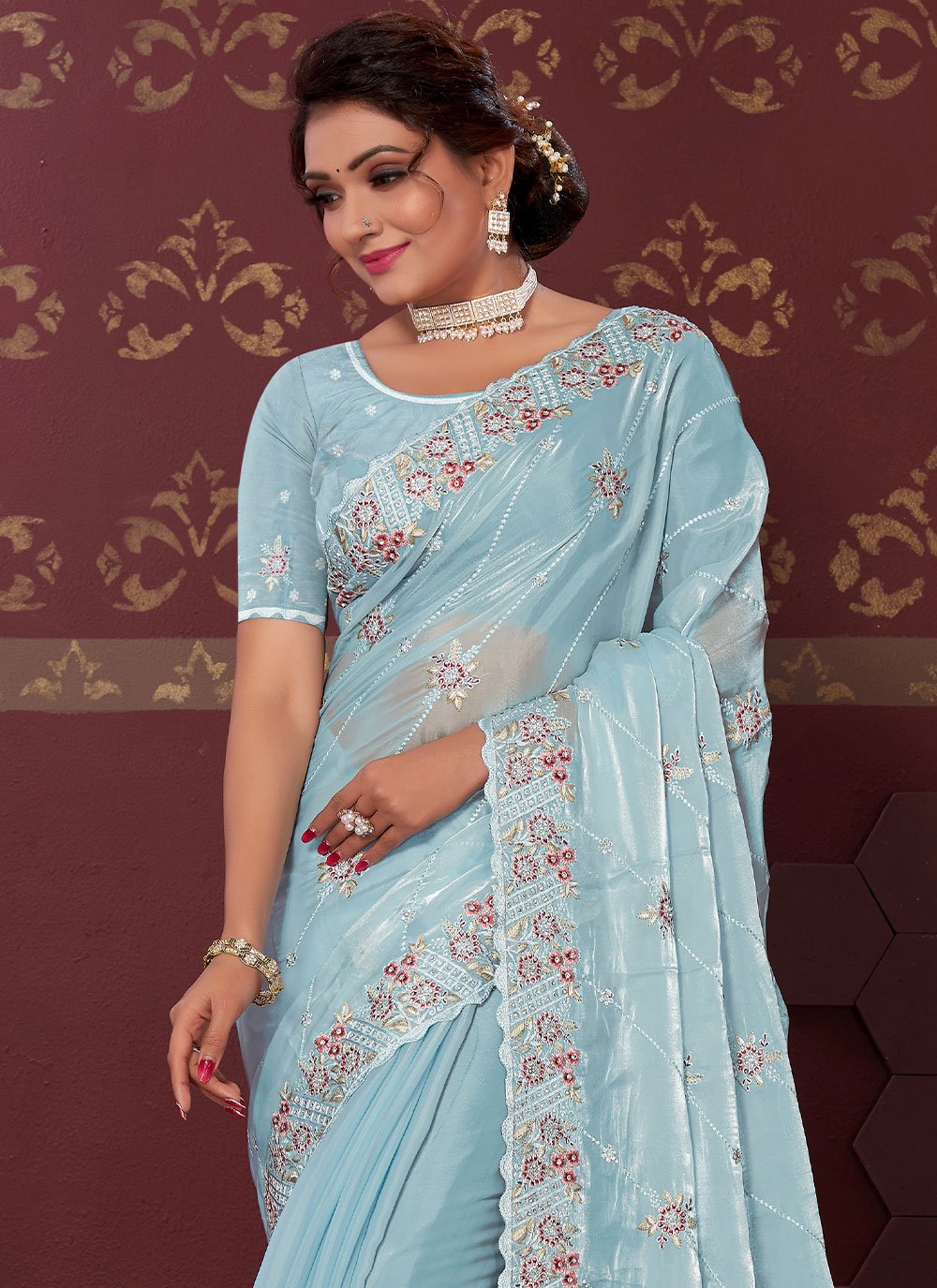 Classic Satin Silk Aqua Blue Embroidered Saree