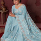 Classic Satin Silk Aqua Blue Embroidered Saree