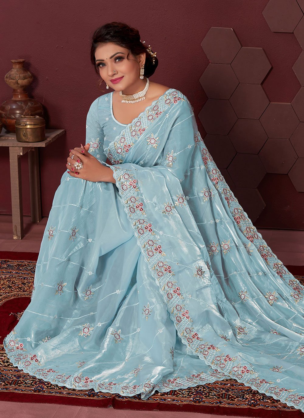 Classic Satin Silk Aqua Blue Embroidered Saree