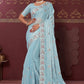 Classic Satin Silk Aqua Blue Embroidered Saree