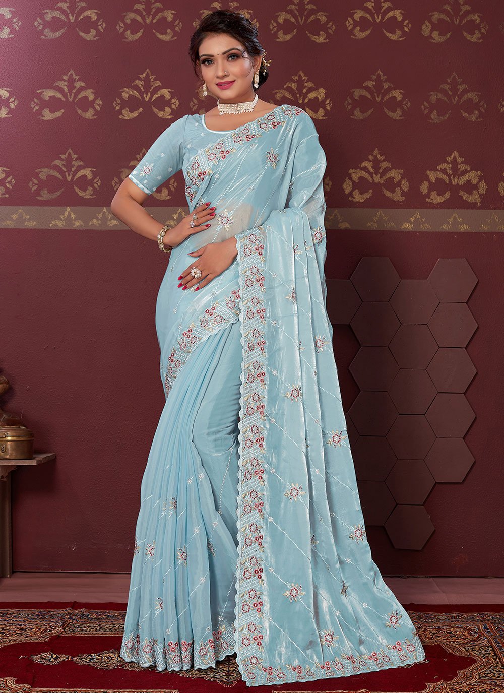 Classic Satin Silk Aqua Blue Embroidered Saree