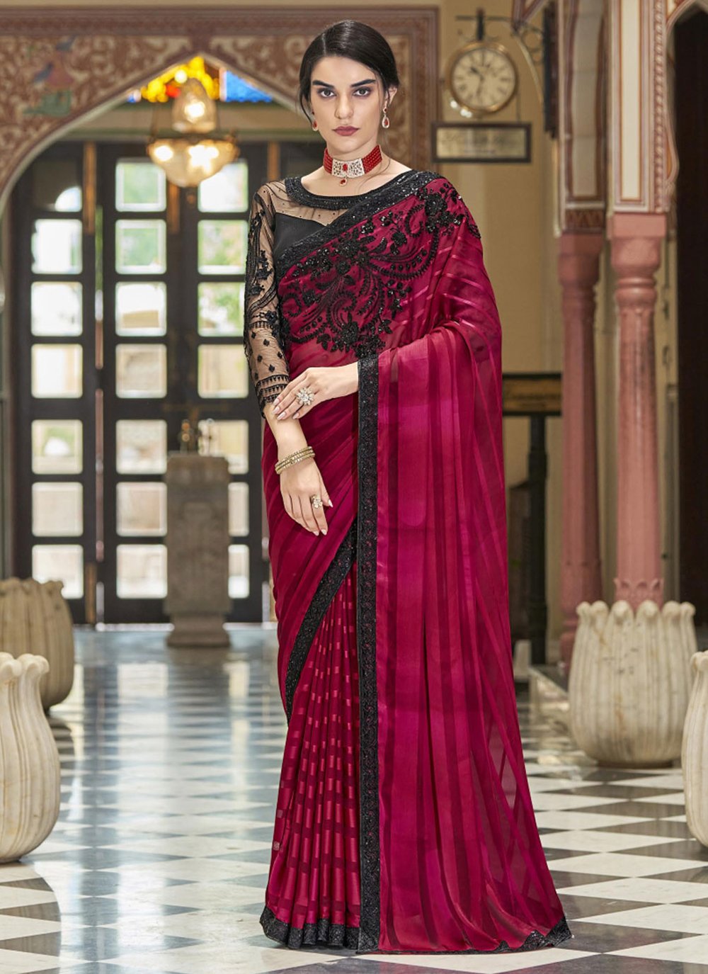 Designer Silk Rani Embroidered Saree