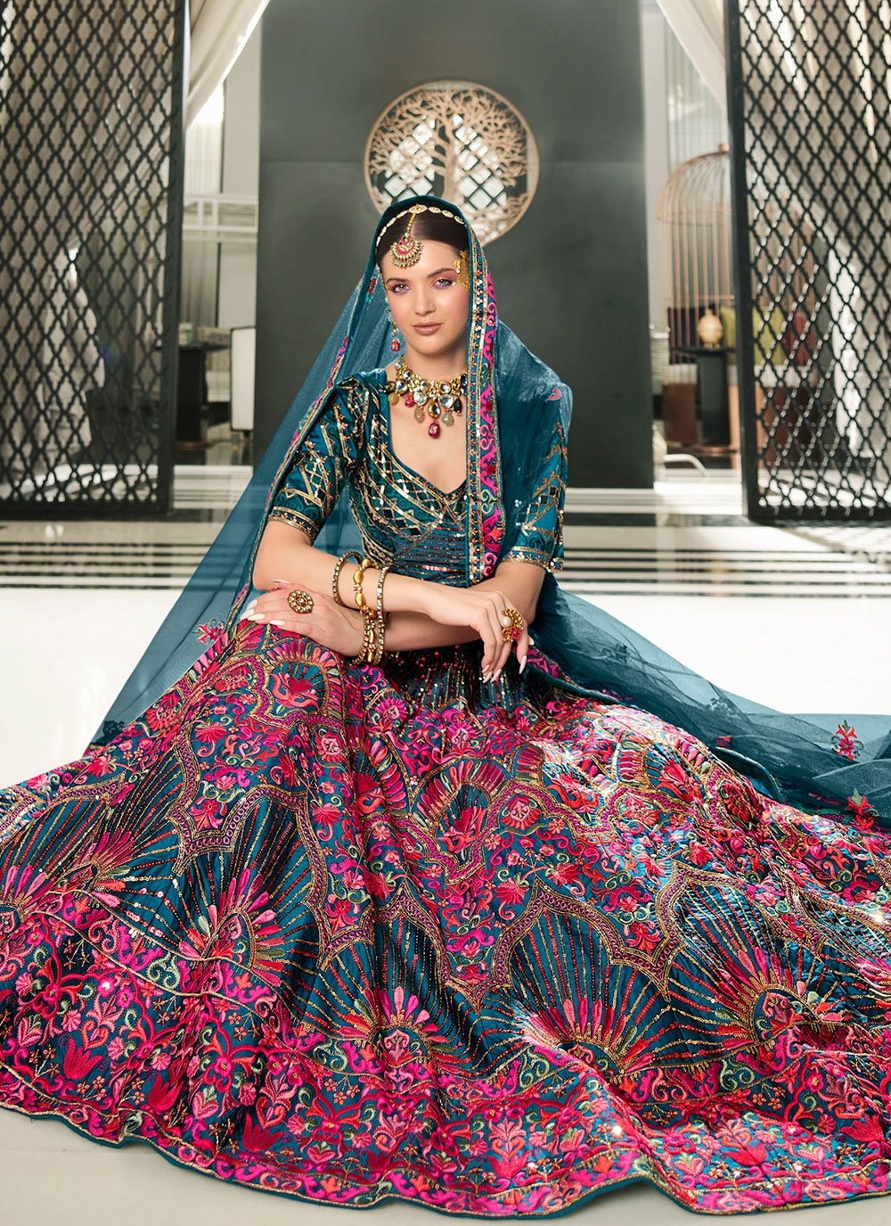 Lehenga Choli Silk Teal Embroidered Lehenga Choli