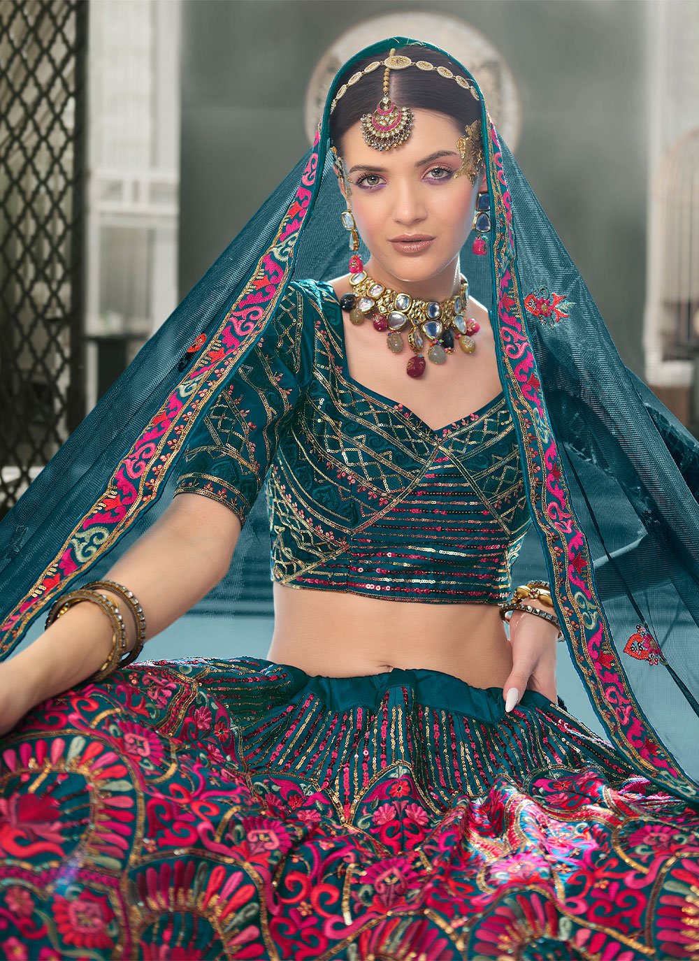 Lehenga Choli Silk Teal Embroidered Lehenga Choli